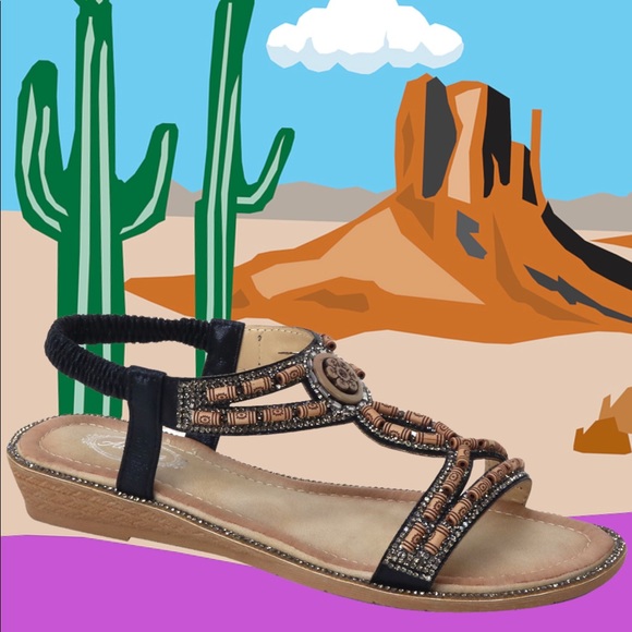 1 Left! Italina BOHO Beaded Open Toe Slingback Low Wedge Padded Slide In Sandal - Picture 2 of 5